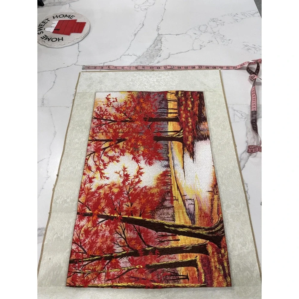 Autumn Red Trees River Landscape Embroidered Tapestry‎ Fabric Wall Art Panel